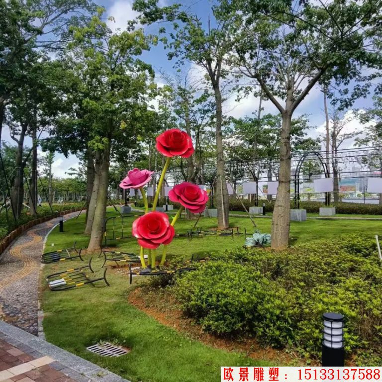 不銹鋼仿真玫瑰花雕塑，公園花朵雕塑