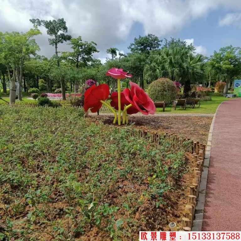 不銹鋼仿真玫瑰花雕塑，公園花朵雕塑6
