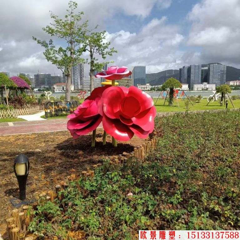 不銹鋼仿真玫瑰花雕塑，公園花朵雕塑7